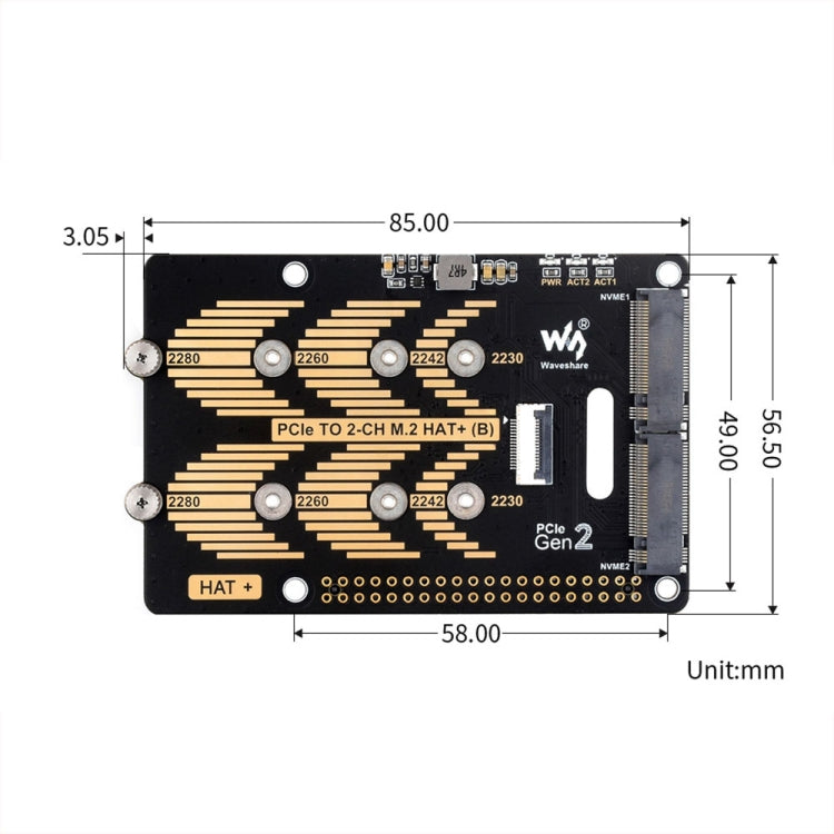 Waveshare per Raspberry Pi 5 PCIe a 2-Ch M.2 Adattatore Tipo B Protocollo NVMe, 27710