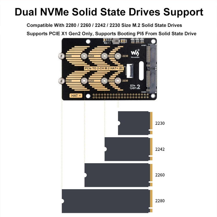 Waveshare per Raspberry Pi 5 PCIe a 2-Ch M.2 Adattatore Tipo B Protocollo NVMe, 27710