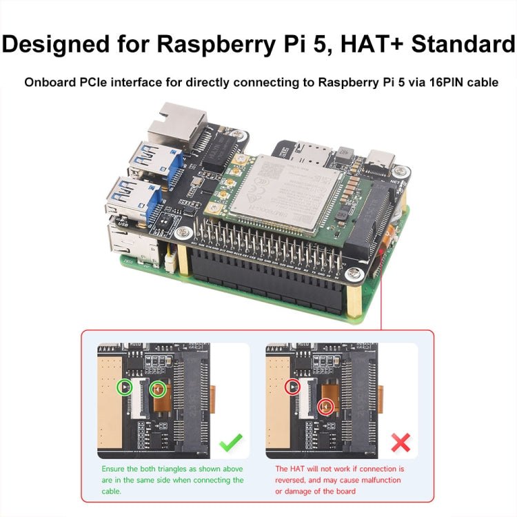 Waveshare per Raspberry Pi 5 PCIe a MiniPCIe / Gigabit Ethernet / USB 3.2 Gen1 HAT, No Accessories, SIM7600G-H, EG25-G