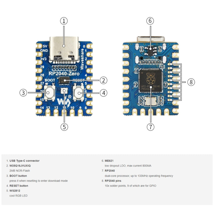 Scheda MCU Waveshare Pico-Like basata su Raspberry Pi RP2040, Zero, Zero-M