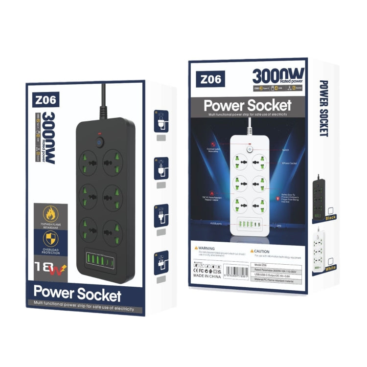 Protezione da sovraccarico anti-fulmine 4USB+2PD+6 fori presa, Black EU Plug, Black US Plug, Black UK Plug, White EU Plug, White US Plug, White UK Plug