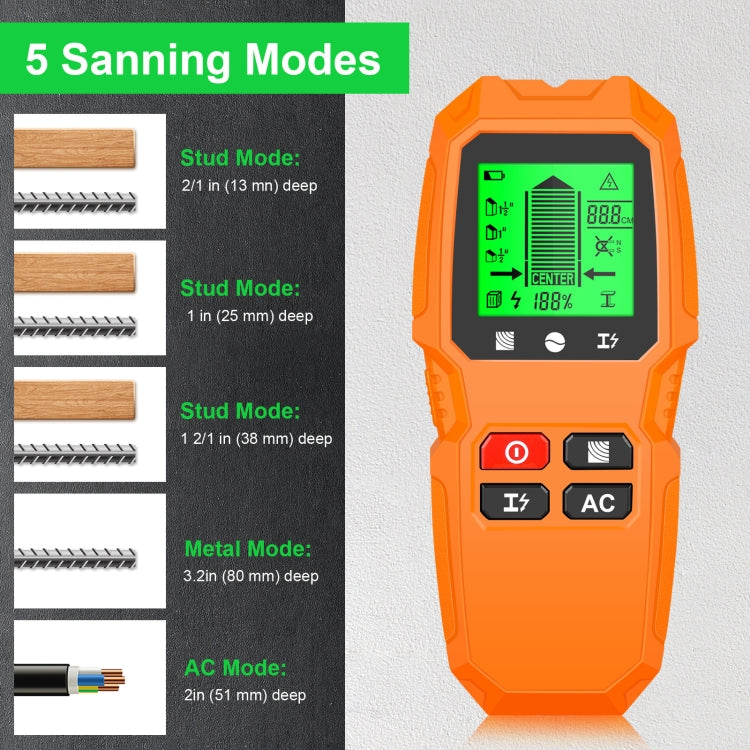 HW-QB6 5 in 1 scanner da parete portatile rilevatore di montanti Rilevamento di cavi elettrici sotto tensione in metallo e corrente in legno, HW-QB6 Black, HW-QB6 Orange, HW-QB6 (White
