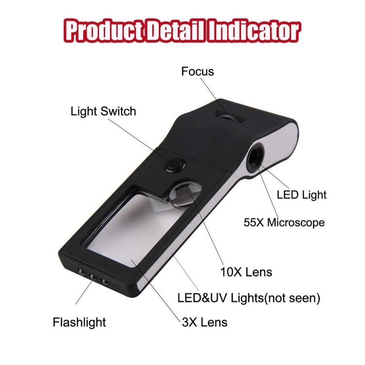 Lente d'ingrandimento 3X 10X 55X Microscopio con luce LED e UV