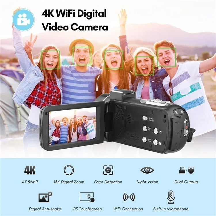 Videocamera digitale 4K, touch screen IPS da 3 pollici, zoom digitale 18X, videocamera WiFi da 56 MP, Standard, Set 1, Set 2, Set 3
