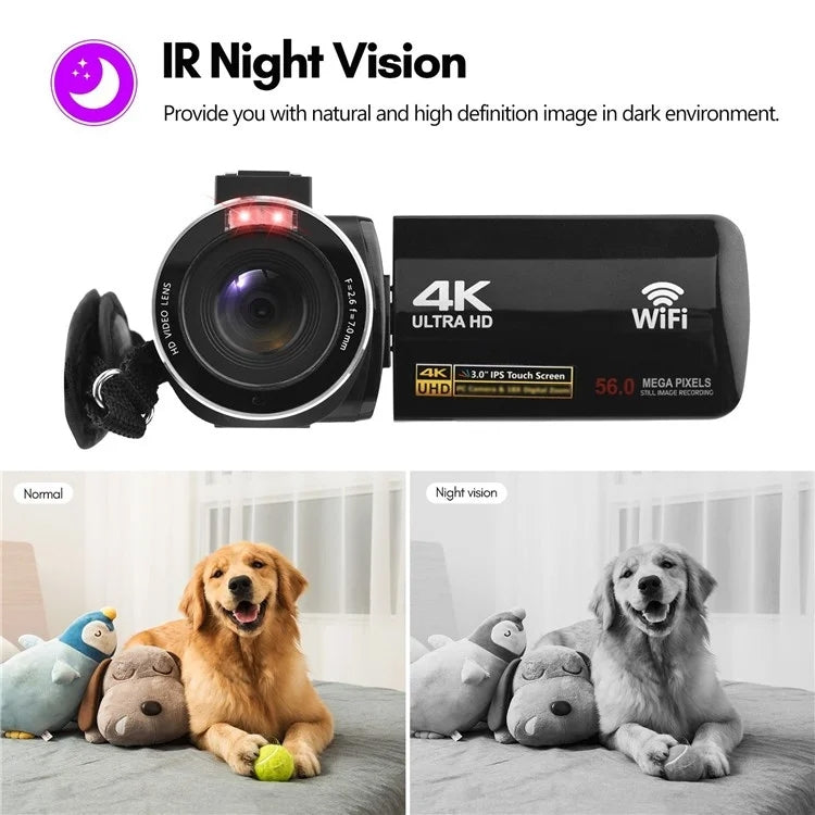 Videocamera digitale 4K, touch screen IPS da 3 pollici, zoom digitale 18X, videocamera WiFi da 56 MP, Standard, Set 1, Set 2, Set 3