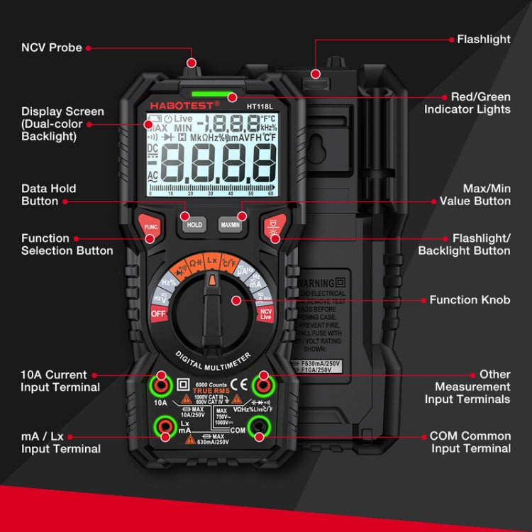 HABOTEST HT118L Mini multimetro elettrico intelligente anti-scottatura ad alta precisione, HT118L