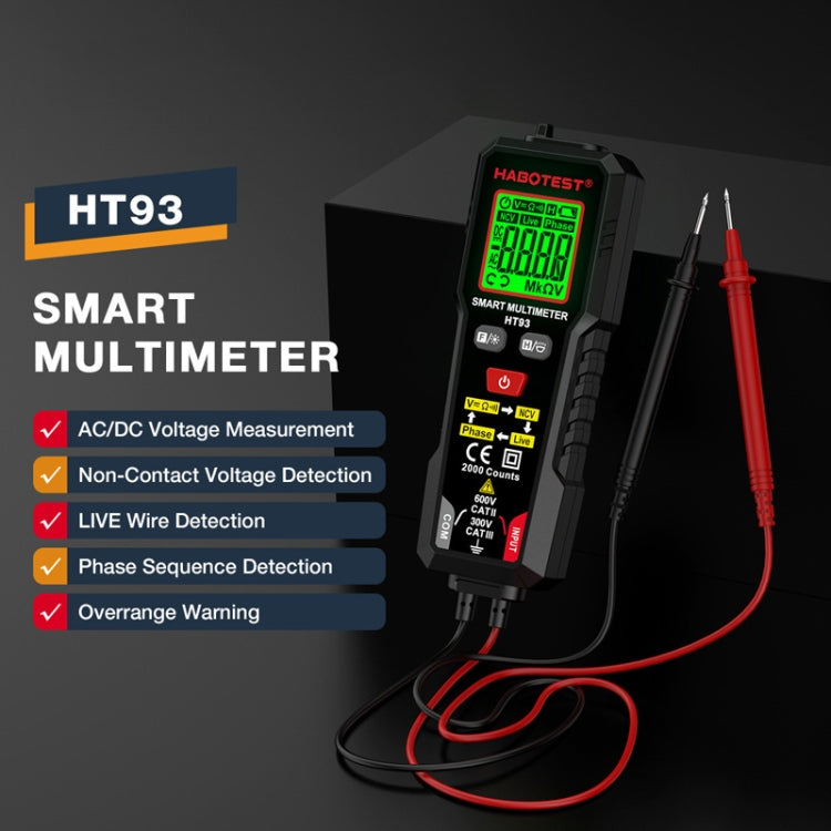 HABOTEST HT93 Multimetro completamente automatico intelligente anti-burn-in con rilevamento della sequenza di fase, HT93