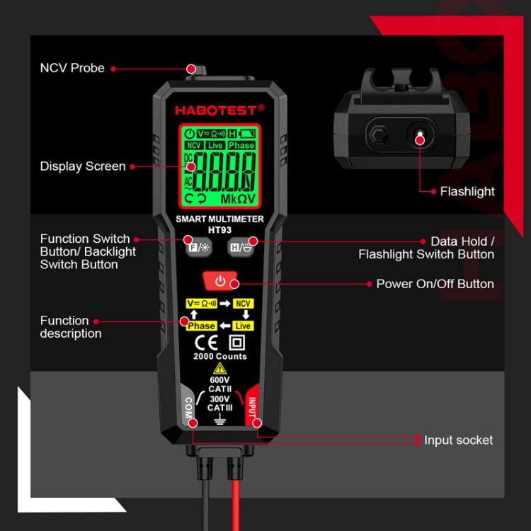 HABOTEST HT93 Multimetro completamente automatico intelligente anti-burn-in con rilevamento della sequenza di fase, HT93