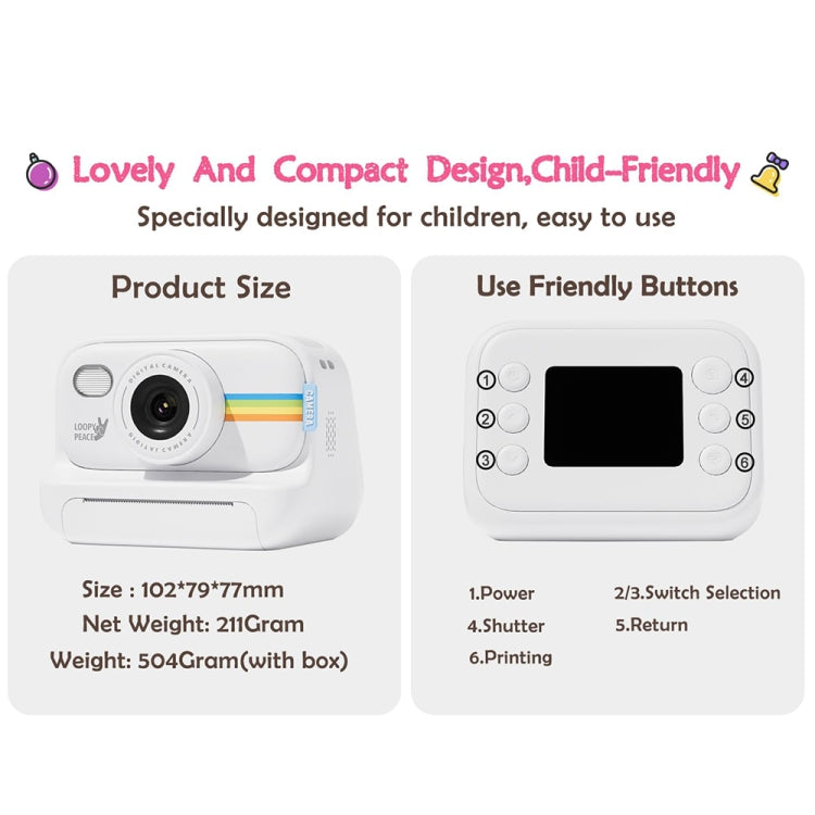 Fotocamera con stampa fotografica, flash LED da 2,0 pollici, registrazione HD 1080P con 3 rotoli di carta, White, White+32G, Black, Black+32G, Purple+32G, Purple