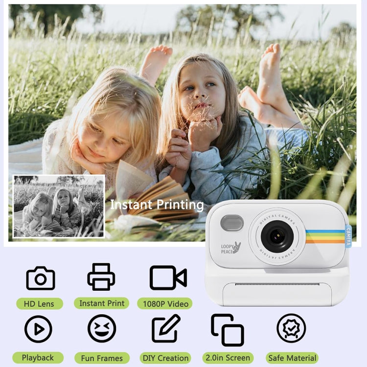 Fotocamera con stampa fotografica, flash LED da 2,0 pollici, registrazione HD 1080P con 3 rotoli di carta, White, White+32G, Black, Black+32G, Purple+32G, Purple
