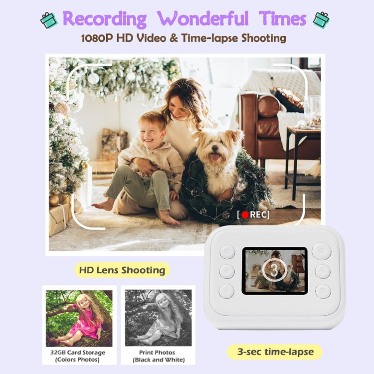Fotocamera con stampa fotografica, flash LED da 2,0 pollici, registrazione HD 1080P con 3 rotoli di carta, White, White+32G, Black, Black+32G, Purple+32G, Purple
