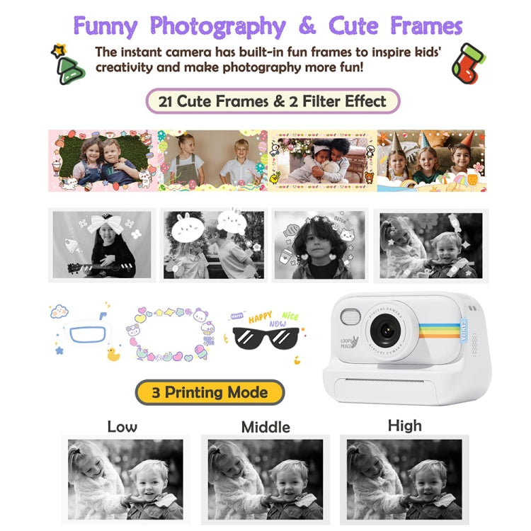 Fotocamera con stampa fotografica, flash LED da 2,0 pollici, registrazione HD 1080P con 3 rotoli di carta, White, White+32G, Black, Black+32G, Purple+32G, Purple