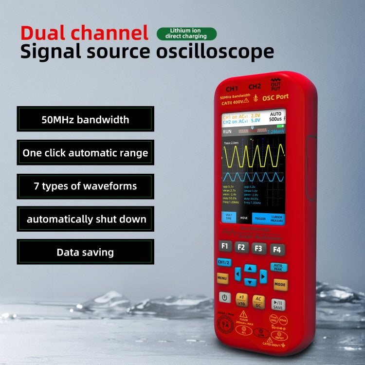 BSIDE O9 Oscilloscopio digitale portatile a doppio canale da 50 MHz, multimetro con sorgente di segnale, With Single Oscilloscope Probe (Red), With Dual Oscilloscope Probe (Red)