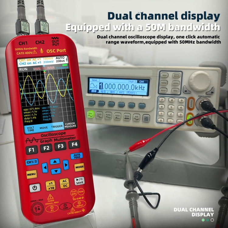BSIDE O9 Oscilloscopio digitale portatile a doppio canale da 50 MHz, multimetro con sorgente di segnale, With Single Oscilloscope Probe (Red), With Dual Oscilloscope Probe (Red)