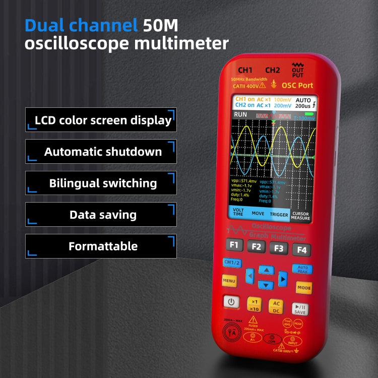 BSIDE O9 Oscilloscopio digitale portatile a doppio canale da 50 MHz, multimetro con sorgente di segnale, With Single Oscilloscope Probe (Red), With Dual Oscilloscope Probe (Red)