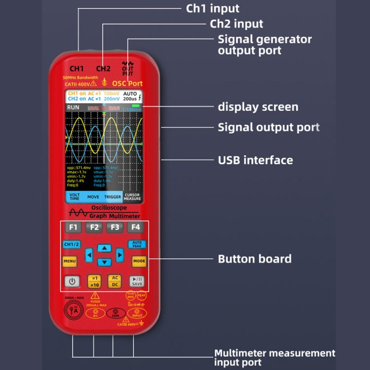 BSIDE O9 Oscilloscopio digitale portatile a doppio canale da 50 MHz, multimetro con sorgente di segnale, With Single Oscilloscope Probe (Red), With Dual Oscilloscope Probe (Red)