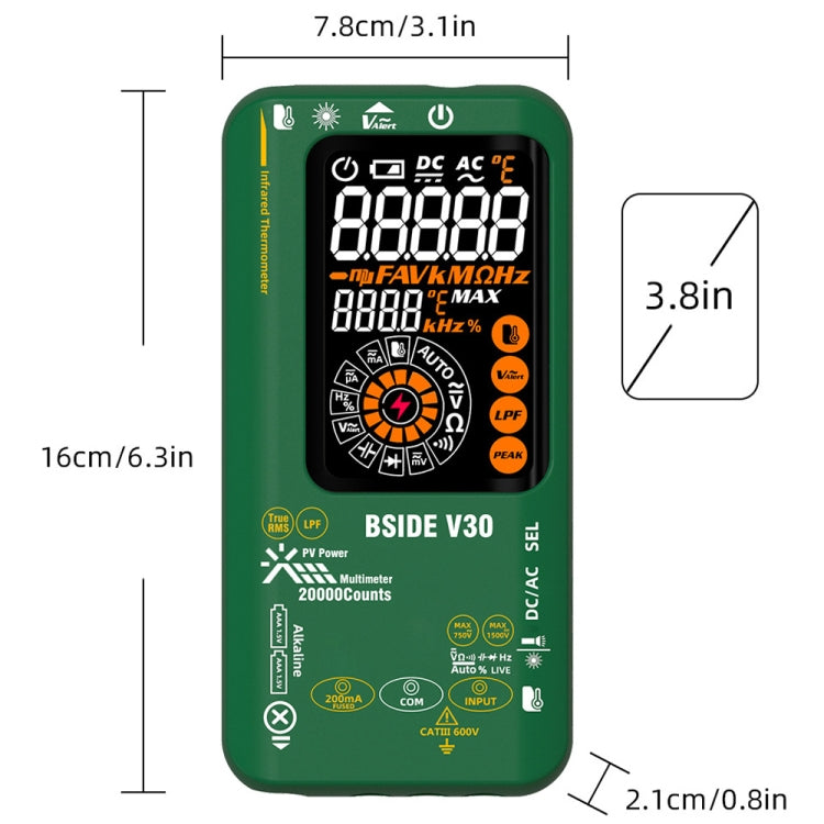 Multimetro PV intelligente con schermo colorato Termometro a infrarossi, V30 (Green)