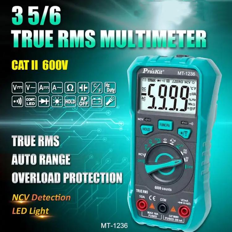 ProsKit MT-1236-C 3-5/6 True-RMS Digital Multimeter For ACA, ACV, DCA, DCV, Frequency, Cycle Duty, Diode Test