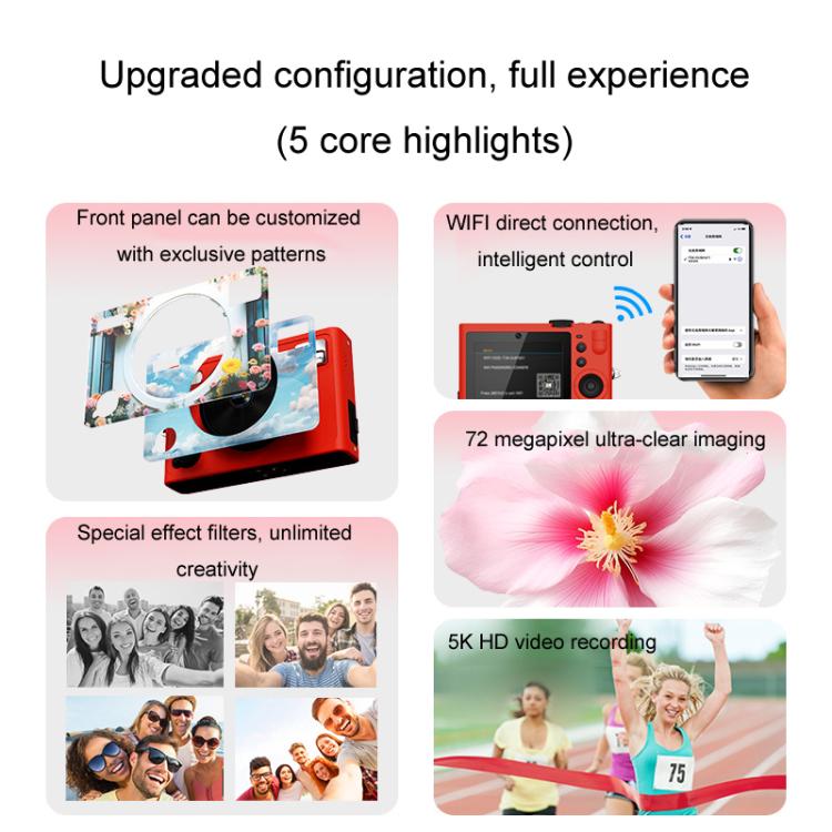 Fotocamera digitale 5K WiFi 72MP Doppia lente Messa a fuoco automatica Zoom digitale 18X Filtri colore per studenti CCD Fotocamera di bellezza