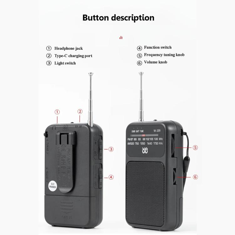 W-209 Mini Radio FM portatile ricaricabile/batteria a doppia modalità con puntatore e torcia elettrica