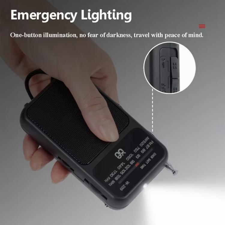 W-209 Mini Radio FM portatile ricaricabile/batteria a doppia modalità con puntatore e torcia elettrica