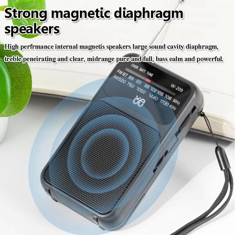 W-209 Mini Radio FM portatile ricaricabile/batteria a doppia modalità con puntatore e torcia elettrica