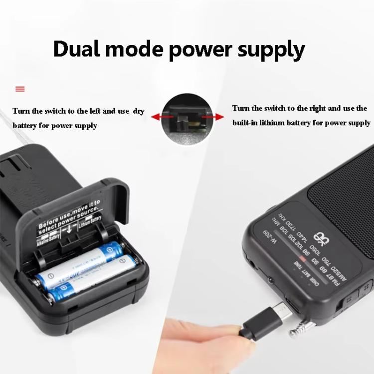 W-209 Mini Radio FM portatile ricaricabile/batteria a doppia modalità con puntatore e torcia elettrica