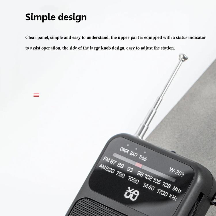 W-209 Mini Radio FM portatile ricaricabile/batteria a doppia modalità con puntatore e torcia elettrica
