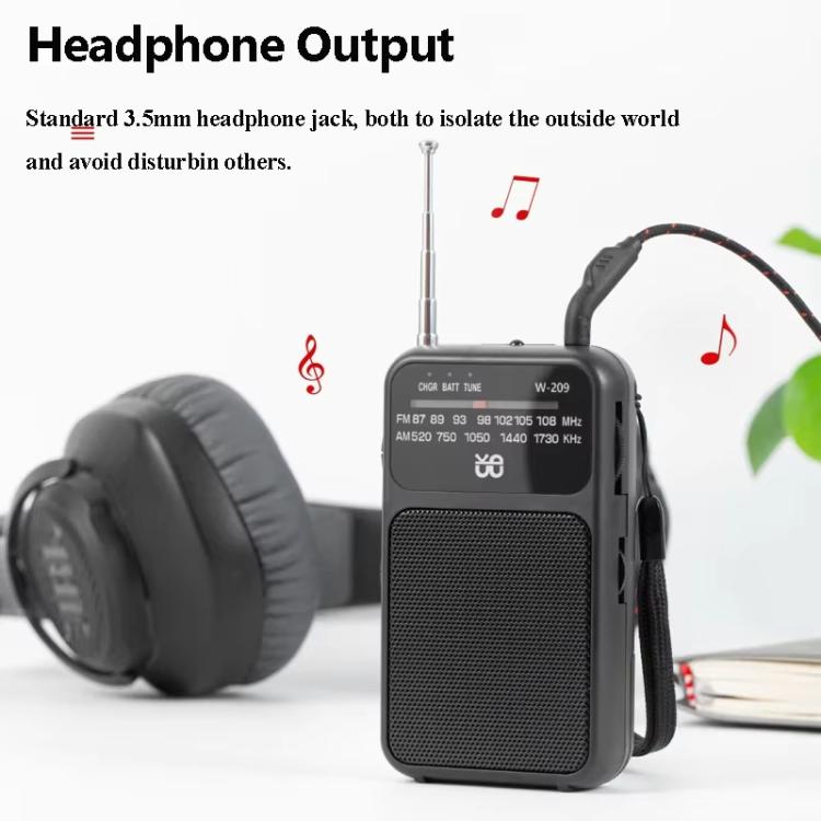 W-209 Mini Radio FM portatile ricaricabile/batteria a doppia modalità con puntatore e torcia elettrica