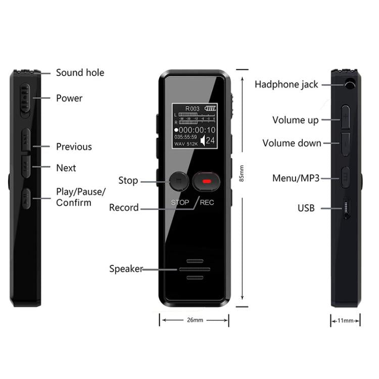 Schermo LCD da 0,9 pollici Intervista Mini HD Registratore USB Lettore MP3 di ricarica, 8GB, 16GB, 32GB, 64GB