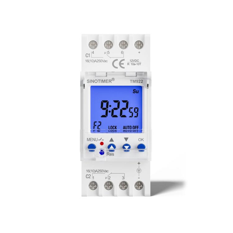 Modulo interruttore di temporizzazione di 7 giorni con controllo dei secondi a 2 vie e doppio canale da 16 A, timer montato su DIN, SINOTIMER TM922-K 85-265V, SINOTIMER TM922-4 12V