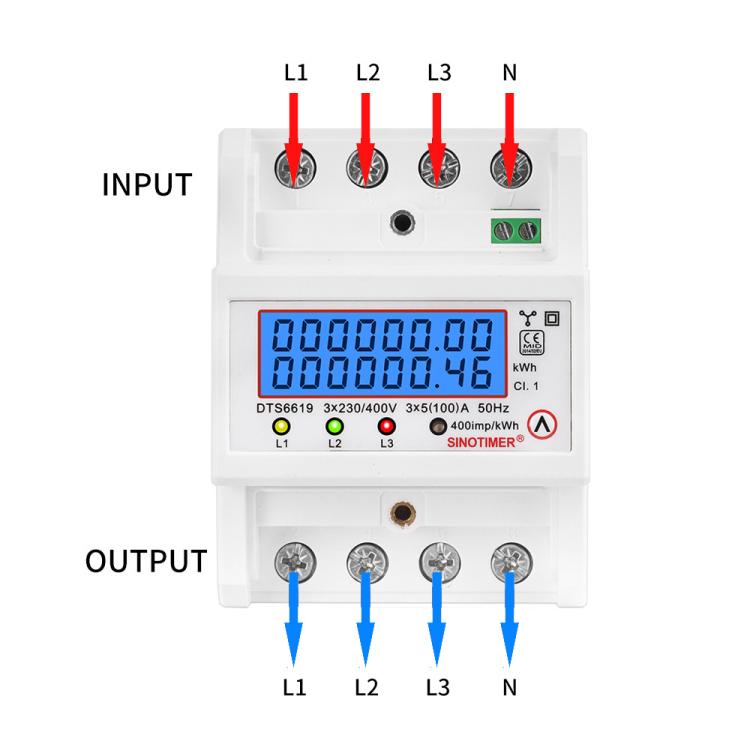 Contatore di energia trifase a 4 fili 100A 380V CA, alimentazione temporanea, può essere ripristinata, montato su guida DIN, SINOTIMER DTS6619-046