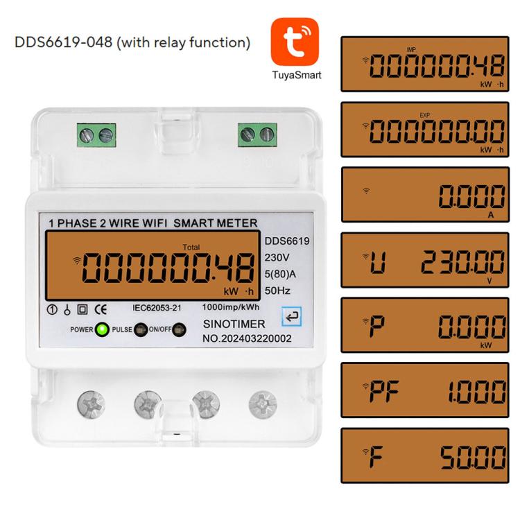 Contatore di energia WiFi Tuya monofase AC 220V, SINOTIMER DDS6619-048 80A With Switch, SINOTIMER DDS6619-047 100A Without Switch