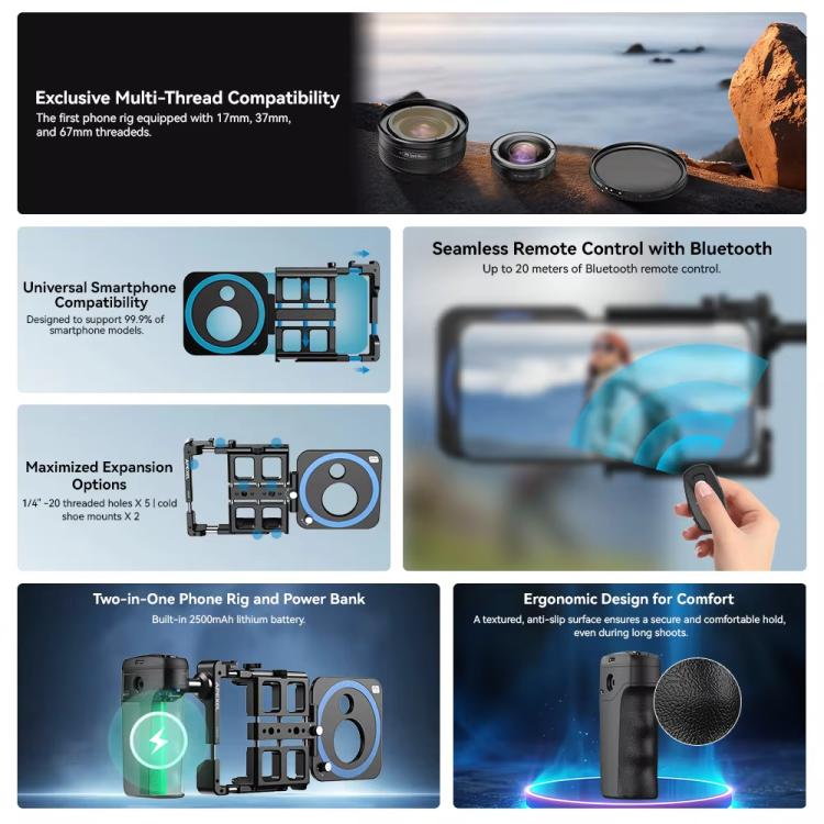 APEXEL VideoRig 2 Pro Smart Bluetooth Handle Set di gabbie per conigli per fotografia mobile, APL-VG05CH