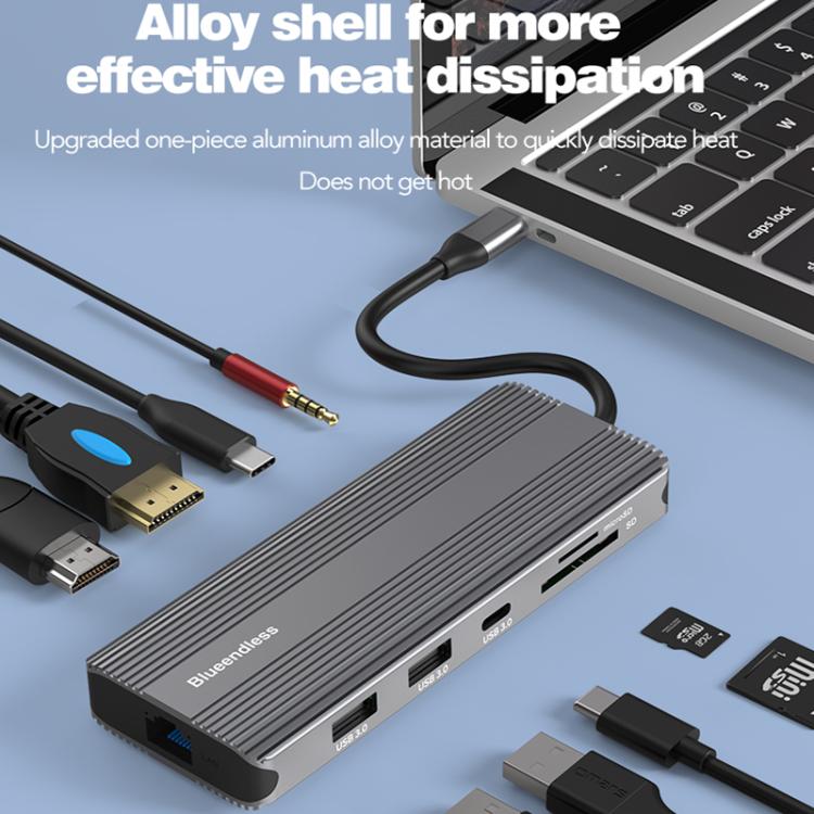 Stazione di docking di rete Gigabit HD multifunzionale di tipo C Blueendless, 10-in-1 DP+HDMI Dual 8K, 10-in-1 Dual HDMI 8K+4K