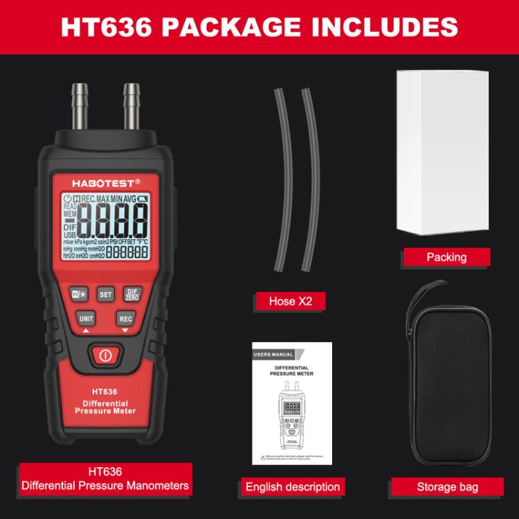 HABOTEST HT636 Misuratore di pressione differenziale ad alta precisione Tester di micropressione digitale, HT636