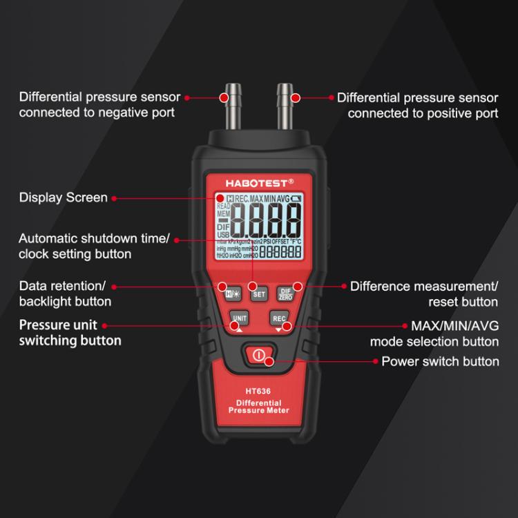 HABOTEST HT636 Misuratore di pressione differenziale ad alta precisione Tester di micropressione digitale, HT636