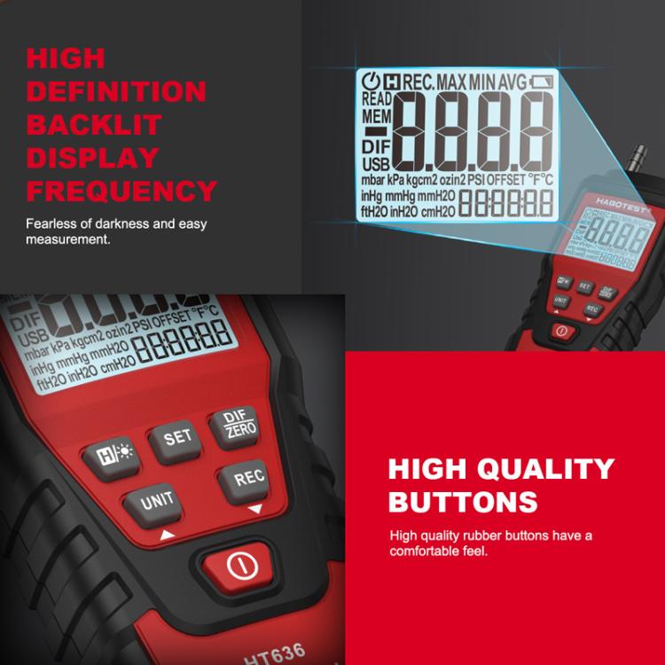 HABOTEST HT636 Misuratore di pressione differenziale ad alta precisione Tester di micropressione digitale, HT636