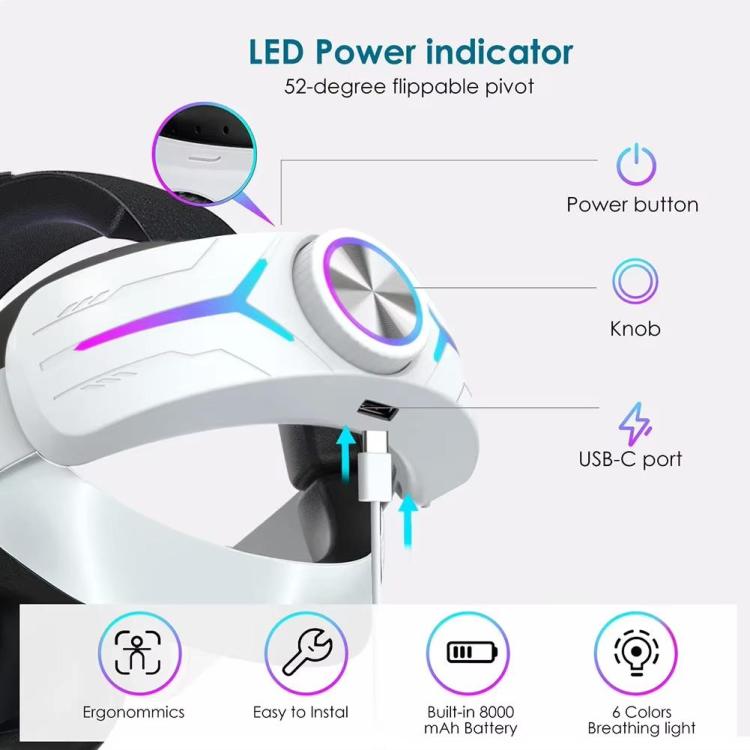 Per Meta Quest 2 VR RGB Head Strap Fascia regolabile Batteria integrata da 8000 mAh, For Meta Quest 2 (Gaming White), For Meta Quest 2 (Gaming Black), For Meta Quest 2 (White)