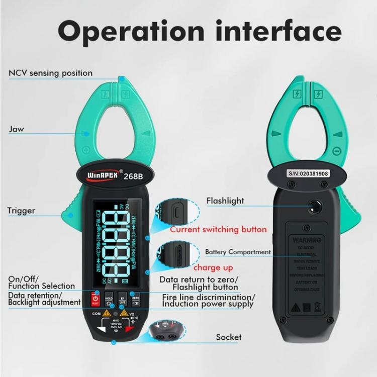 Pinza amperometrica WINAPEX Misuratore di tensione e corrente AC/DC ad alta precisione, 268B