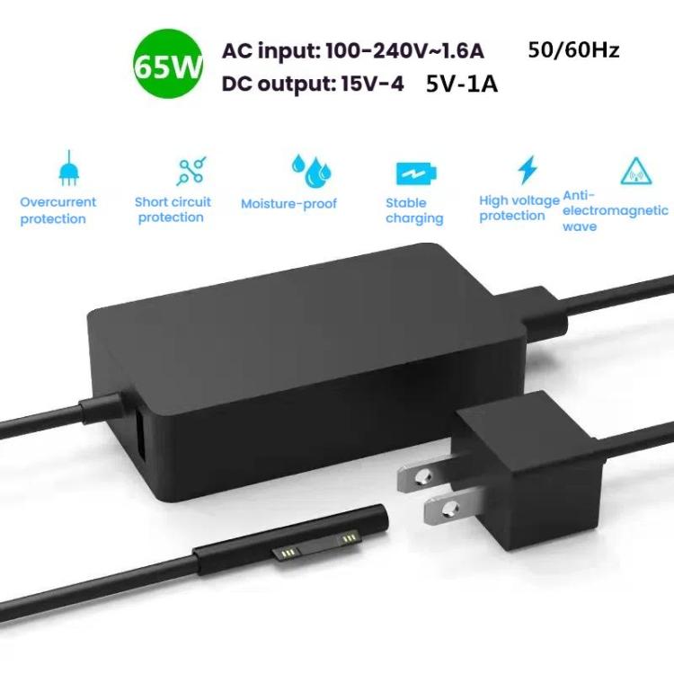 For Microsoft Surface Laptop 65W 15V 4A Fast Charger With 5V 1A USB-A Port AC Adapter, US Plug, EU Plug, UK Plug, AU Plug