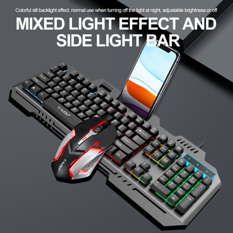 T-WOLF TF600 104-Key Wired Backlit Keyboard and Mouse Combo with Metal Panel & Phone Stand