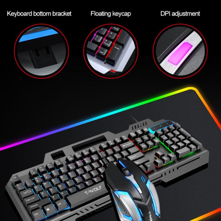 T-WOLF TF600 104-Key Wired Backlit Keyboard and Mouse Combo with Metal Panel & Phone Stand
