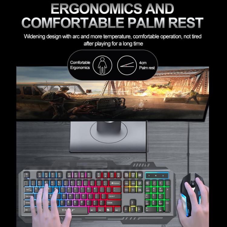 T-WOLF TF600 104-Key Wired Backlit Keyboard and Mouse Combo with Metal Panel & Phone Stand