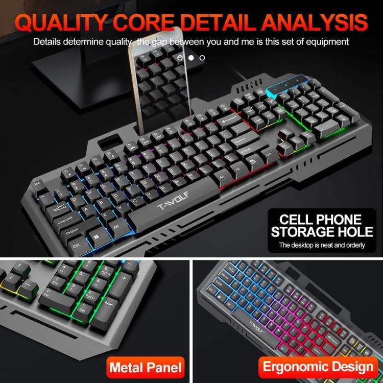 T-WOLF TF600 104-Key Wired Backlit Keyboard and Mouse Combo with Metal Panel & Phone Stand