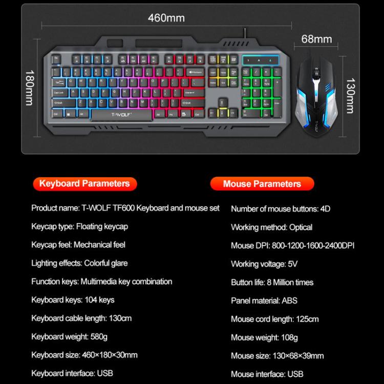 T-WOLF TF600 104-Key Wired Backlit Keyboard and Mouse Combo with Metal Panel & Phone Stand