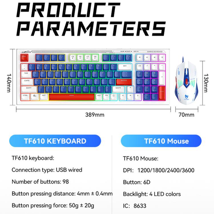 T-WOLF TF610 USB-C/Type-C Wired 98 Keys Keyboard and Mouse Combo Dual-Tone Keycaps Gaming Set