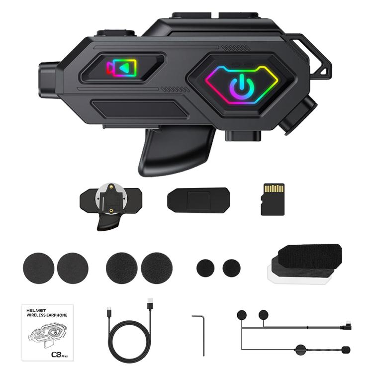 C8Max Motorcycle Intercom Video Helmet Bluetooth Headset HD Video Recorder, Soft Mic, Hard Mic, Soft and Hard Mics
