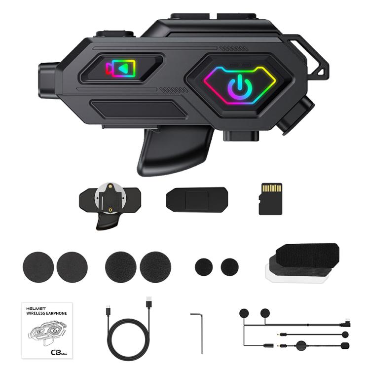 C8Max Motorcycle Intercom Video Helmet Bluetooth Headset HD Video Recorder, Soft Mic, Hard Mic, Soft and Hard Mics