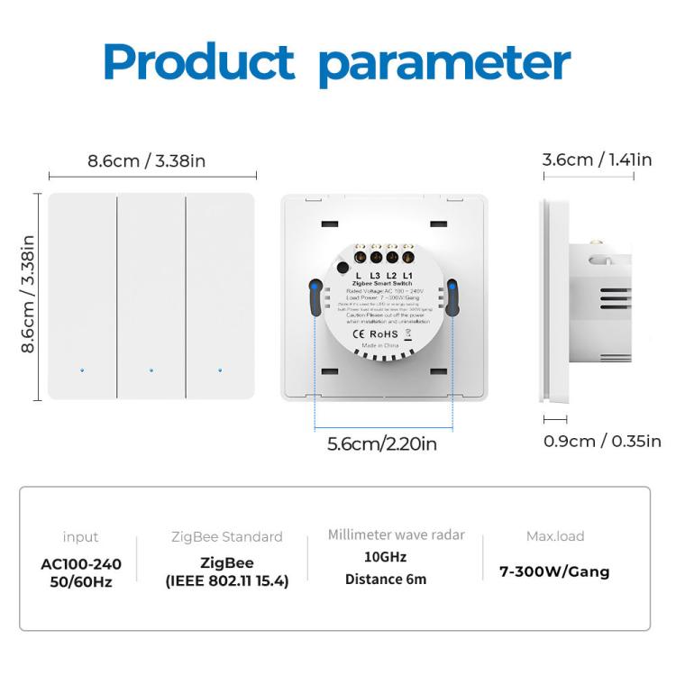Compatible Tuya ZigBee Smart Light Switch With Radar Motion Sensor No Capacitor Required, 1-Gang, 2-Gang, 3-Gang